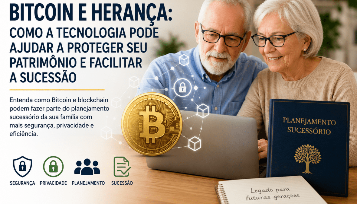 Casal de idosos planejando a sucessão patrimonial com Bitcoin e blockchain utilizando um notebook em casa.