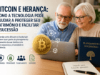 Casal de idosos planejando a sucessão patrimonial com Bitcoin e blockchain utilizando um notebook em casa.