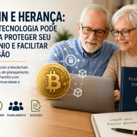 Casal de idosos planejando a sucessão patrimonial com Bitcoin e blockchain utilizando um notebook em casa.